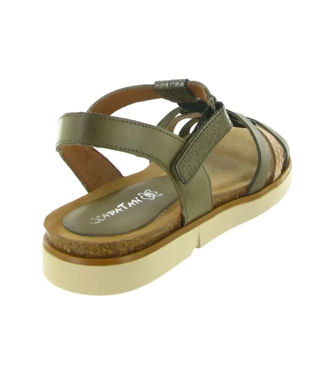 sandales et nu pieds - Confort - femme - Cuir - Kaki - Xapatan
