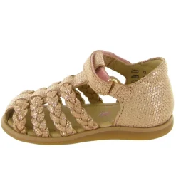 sandales et nu pieds - Semelle souple - bebe fille - Cuir laminé - Or - Shoo pom