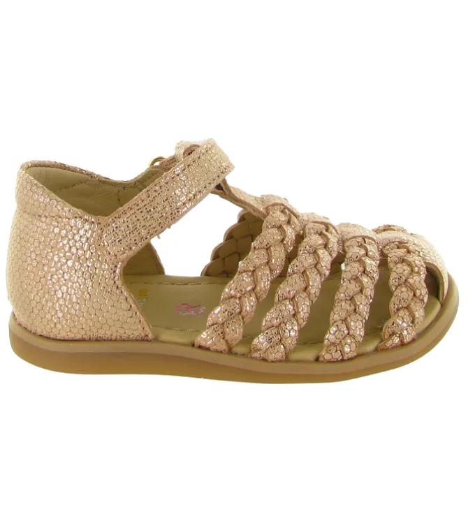 sandales et nu pieds - Semelle souple - bebe fille - Cuir laminé - Or - Shoo pom